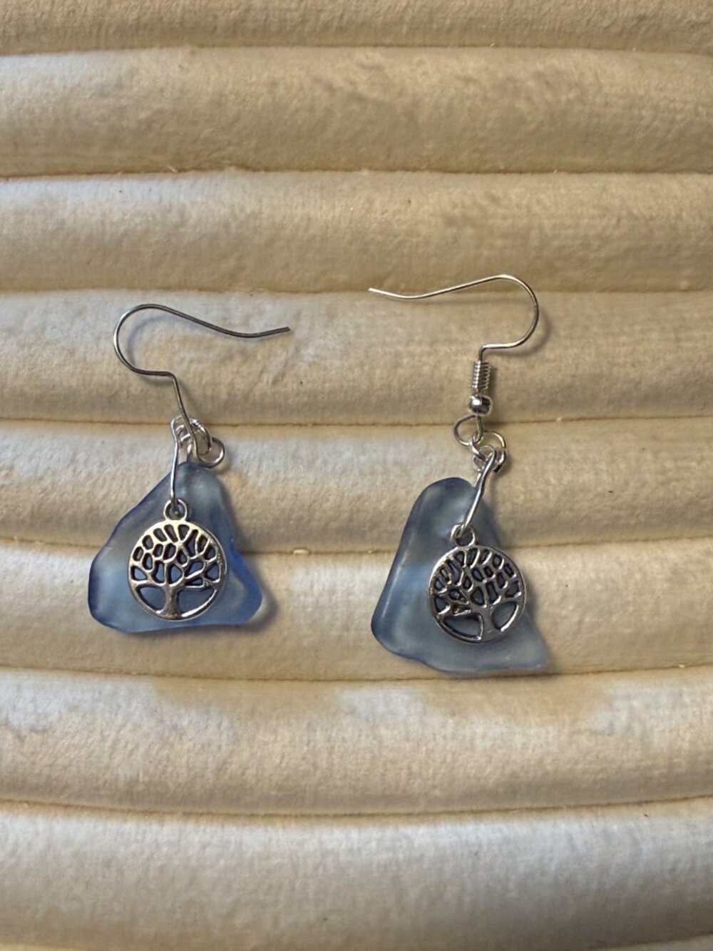 Barcelona Cornflower Blue – Rare Sea Glass Tree of Life Earrings